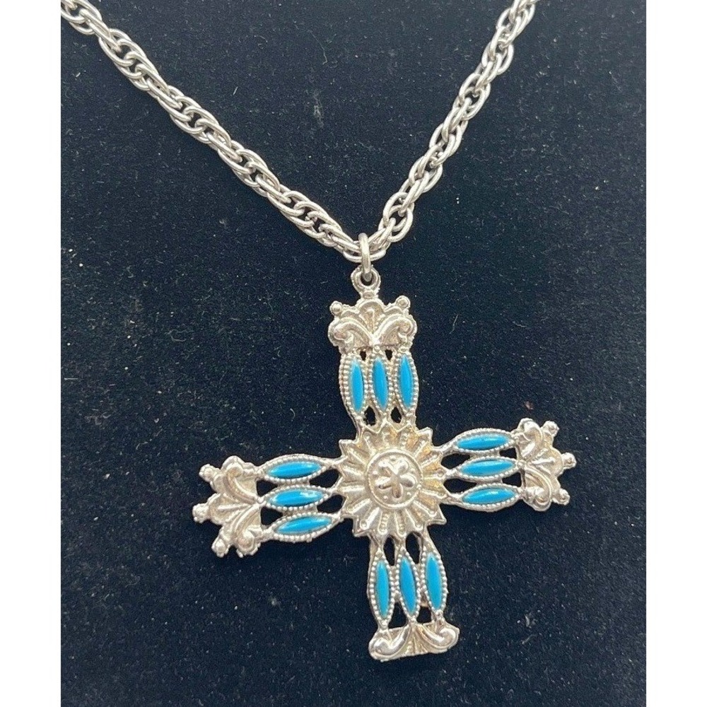 Vintage Silver Tone Turquoise Cross Pendant Necklace 24"‎ Statement
